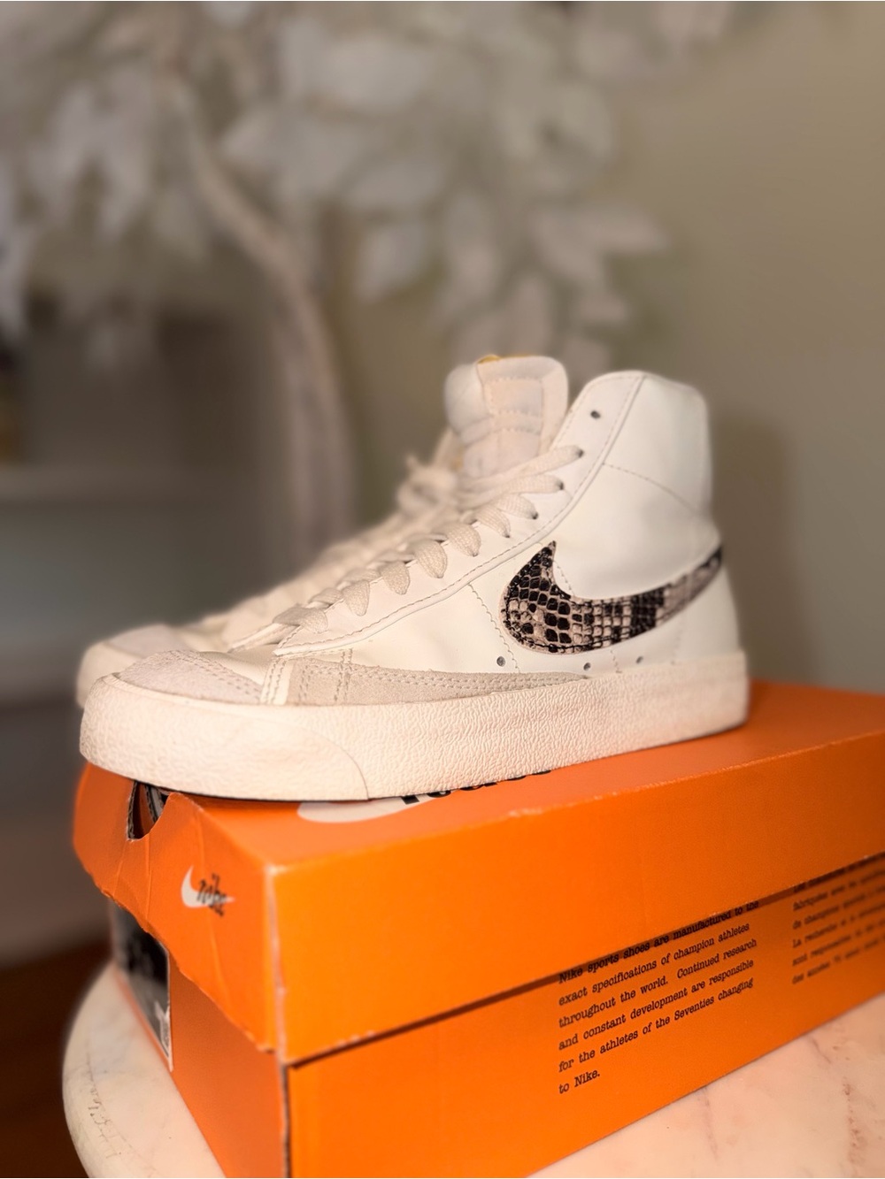 Nike White High-Top Sneakers with Snakeskin Swoosh
